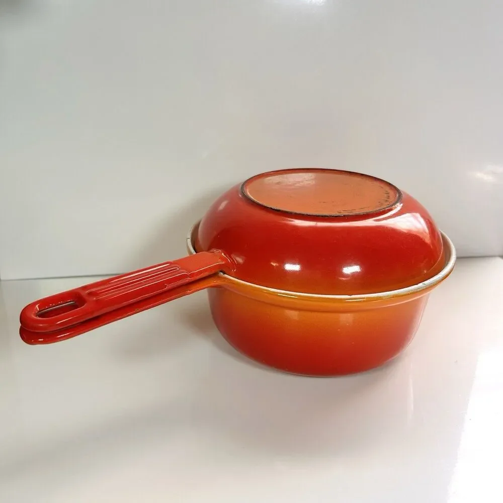 Vintage Descoware Enameled Cast Iron Flame-Orange Saucepan And Skillet-Lid Combo